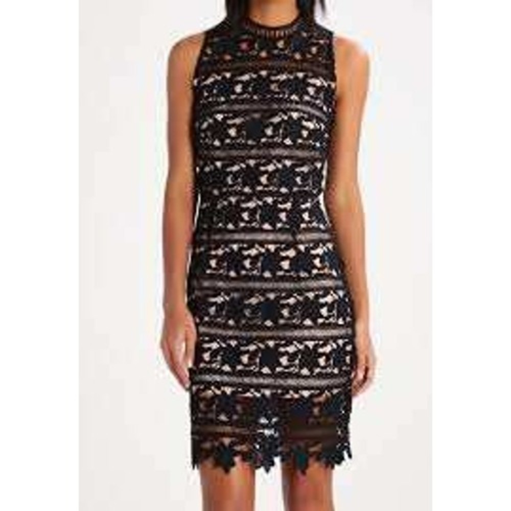 New Look Black Lace Sleeveless Sheath Dress High Neck Zipper NudeLining Size 2